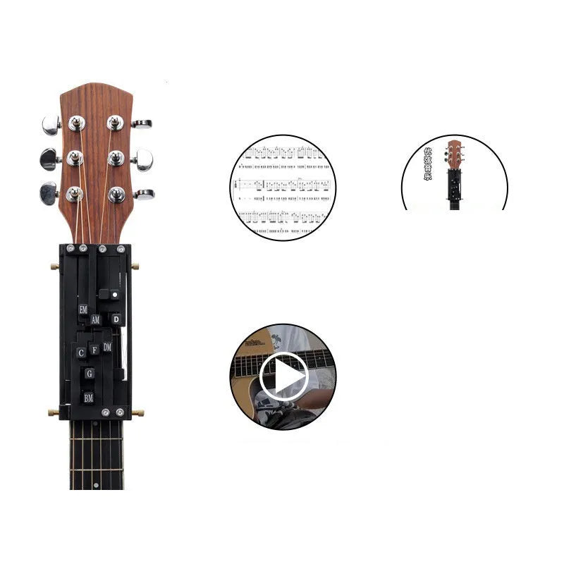 Black auxiliary guitar chord maker device with automatic gear for novice second chord practice.