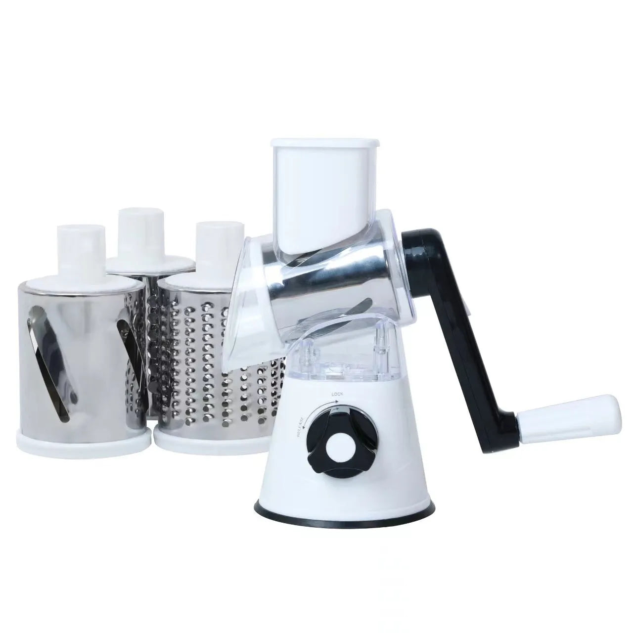 Blue multi-function vegetable chopper with suction cup base on a kitchen counter.