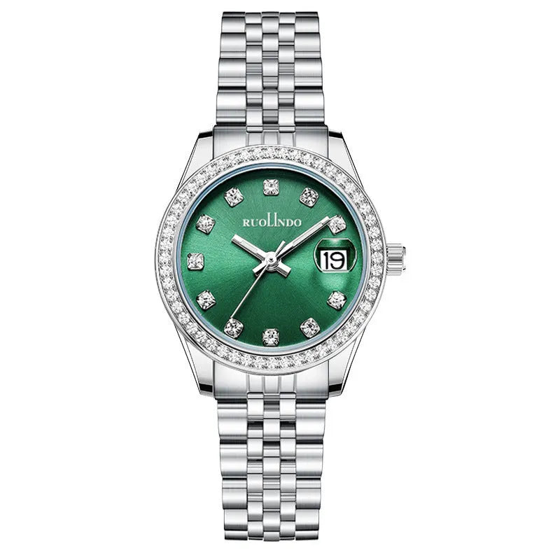 Women's silver fashion watch with quartz movement and 32mm dial on alloy strap