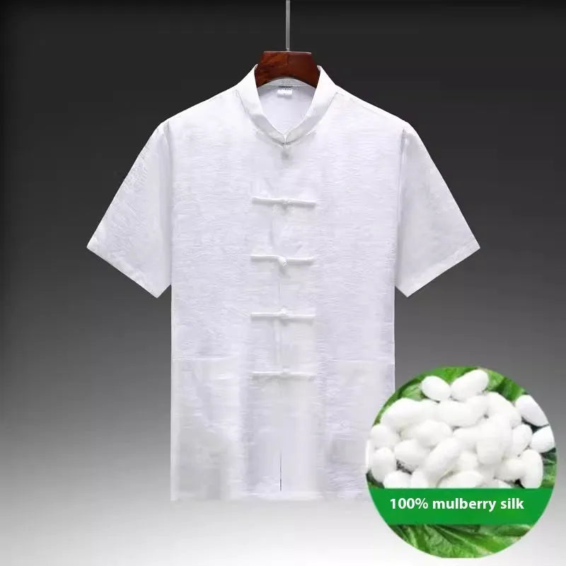 Men's Chinese-style Tang suit in mulberry silk satin fabric showing traditional formalwear details
