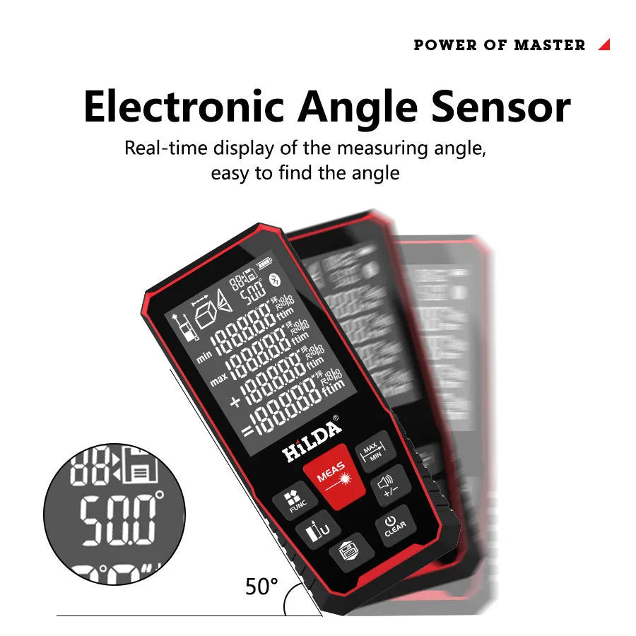 Handheld plastic laser rangefinder for distance measuring up to 120 metres.