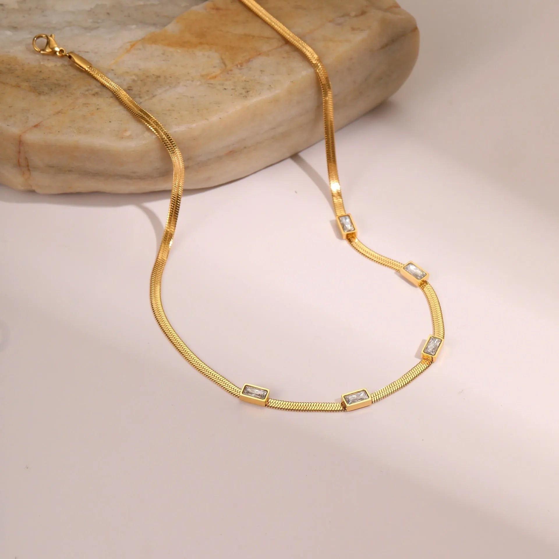 Retro geometric square zircon necklace with stainless steel chain and electroplated finish