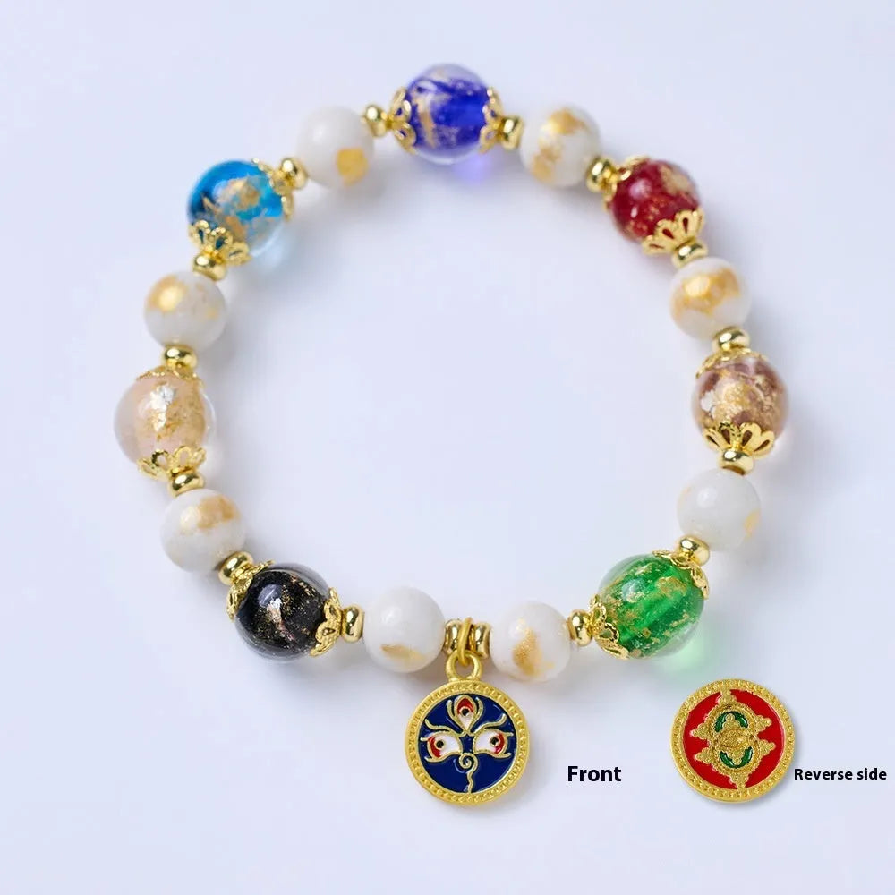 Fragrant Gray handmade glass bracelet with five Gods of Wealth design in coloured glaze.