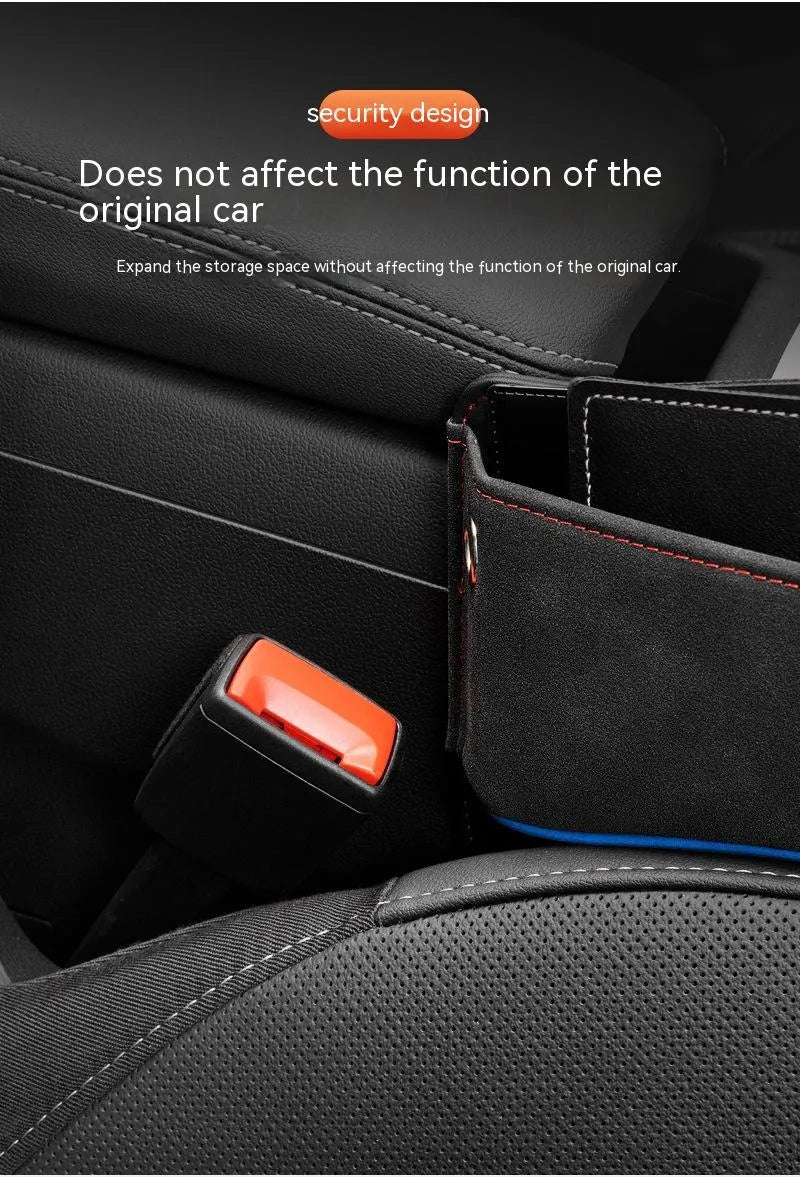 Leather car seat storage box in a choice of five suede-matching colours.