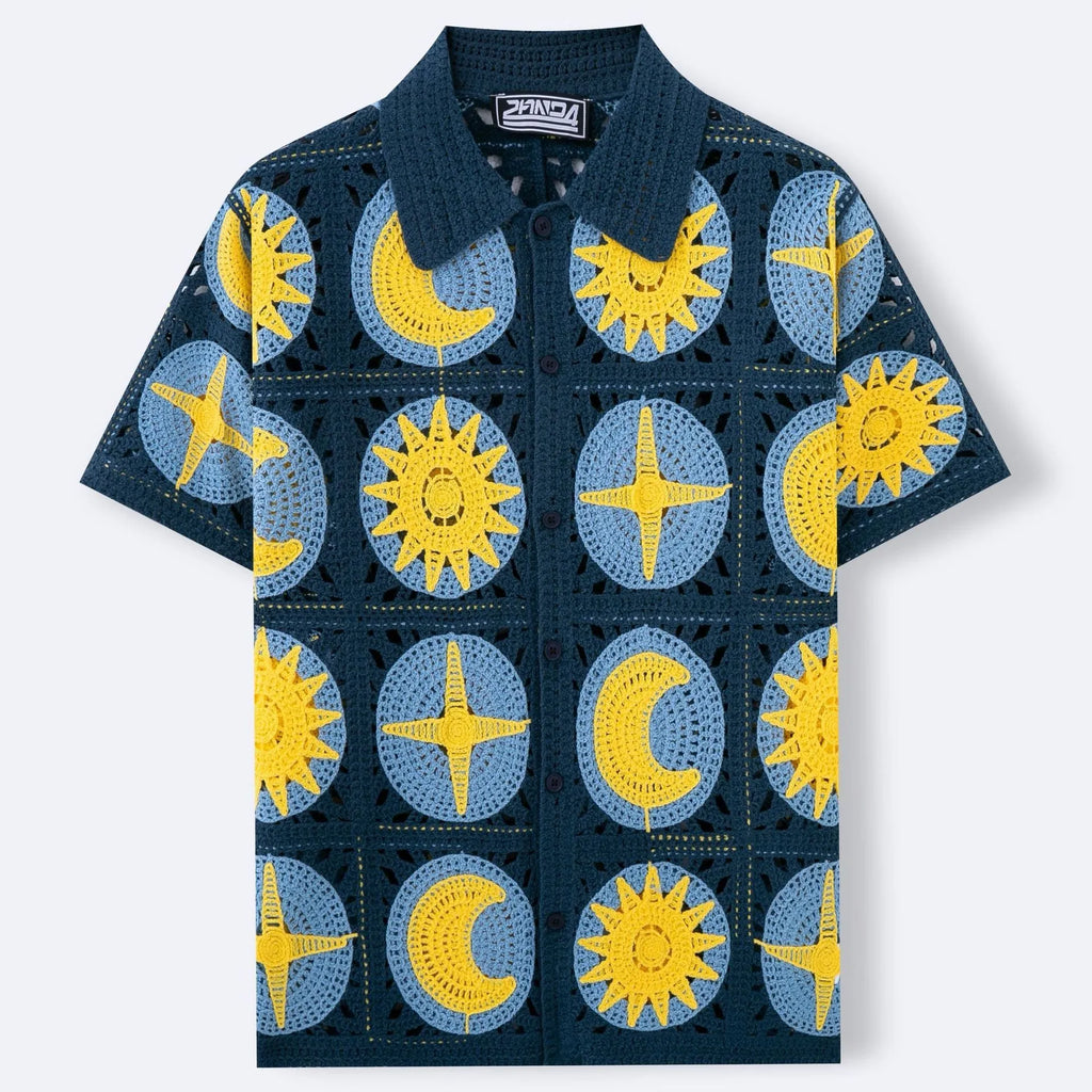 Navy blue men's short-sleeved cardigan with a raised flocked cartoon pattern on the front.