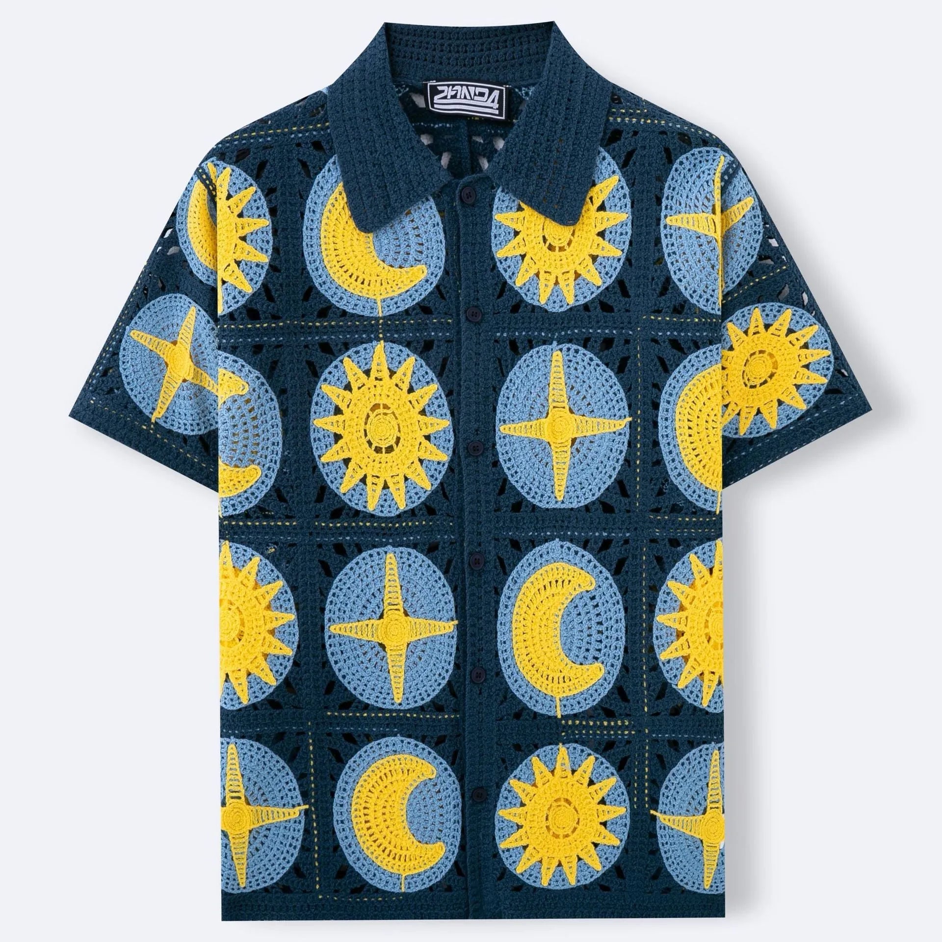 Navy blue men's short-sleeved cardigan with a raised flocked cartoon pattern on the front.