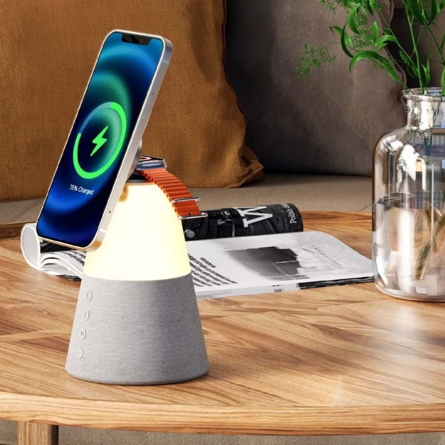 Gray 3-in-1 magnetic wireless charging Bluetooth speaker night light with lithium battery and 15W rated power