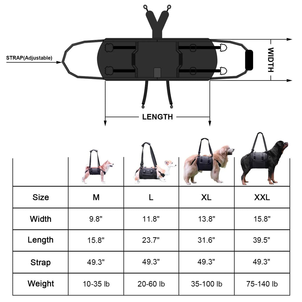 Black Oxford cloth dog rehabilitation harness with breast strap design for leg support