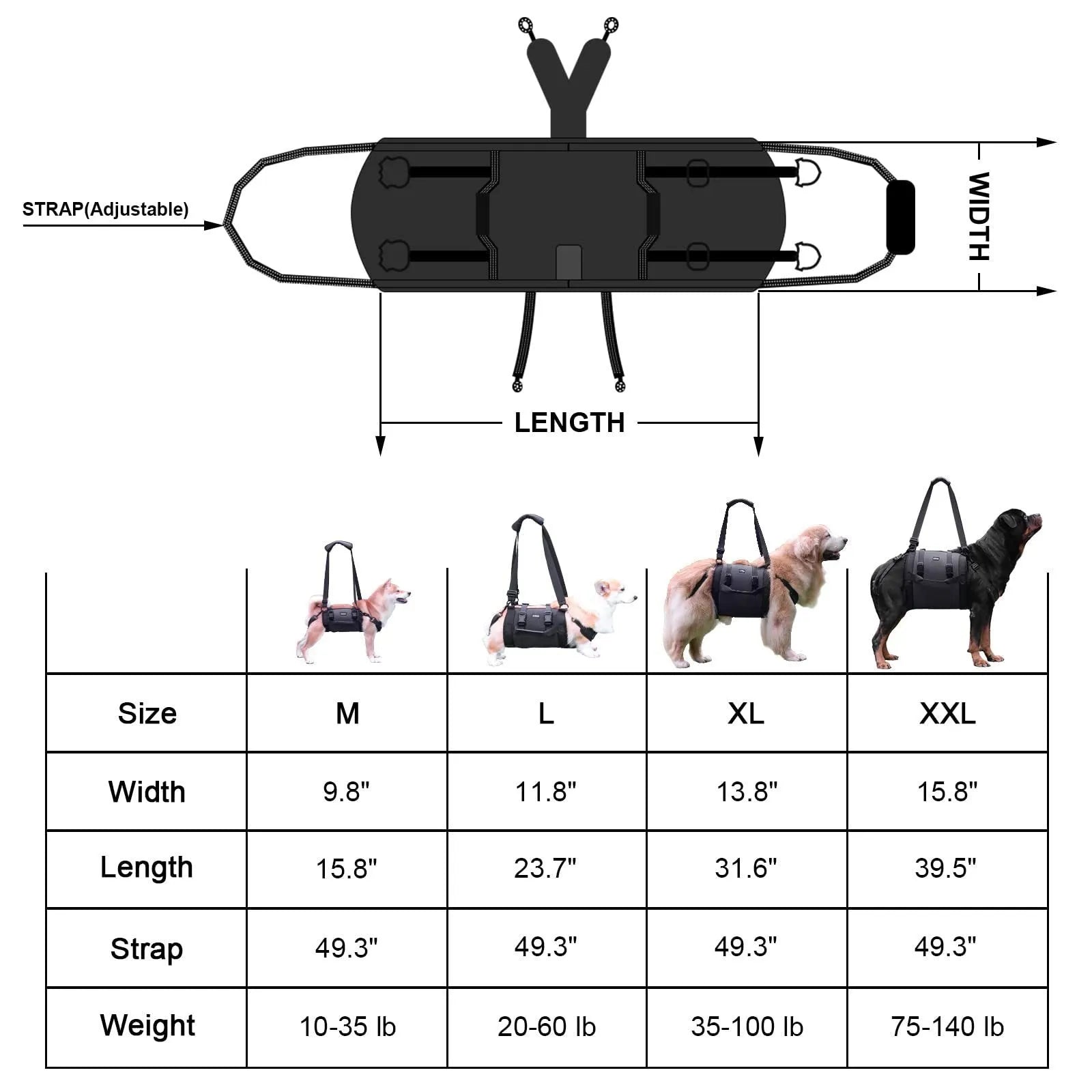 Black Oxford cloth dog rehabilitation harness with breast strap design for leg support