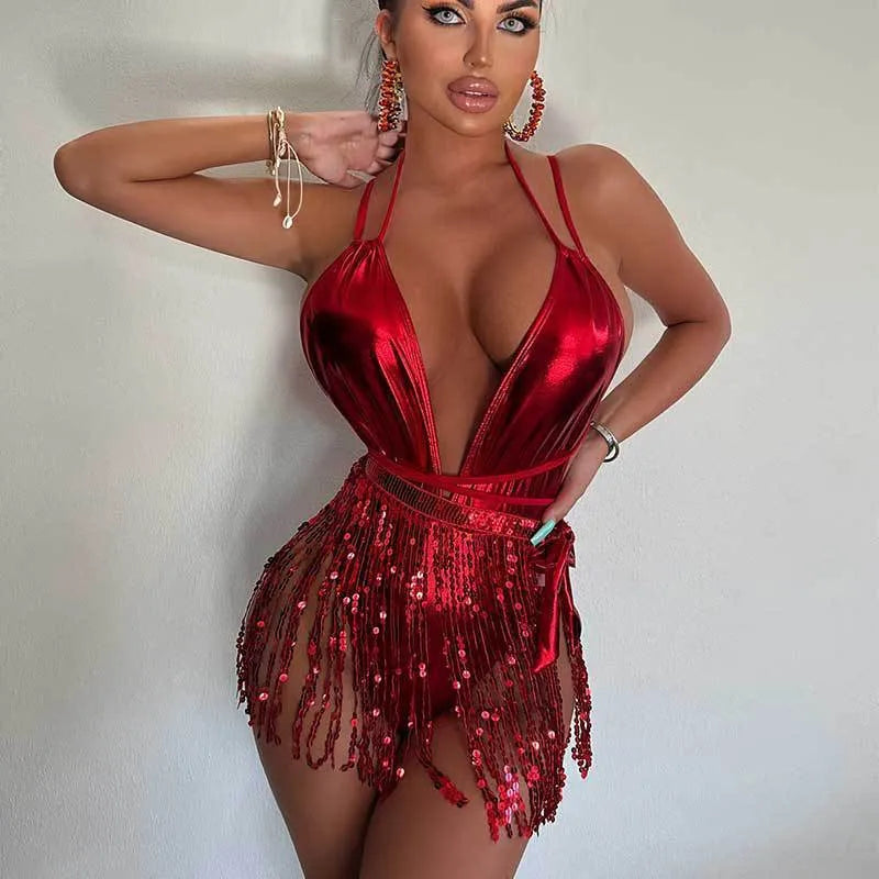Backless one-piece swimsuit with tassel detail in gold colour