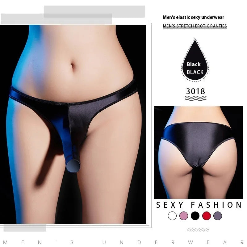 Men's shiny nylon low waist T-back underwear shown in black colour.