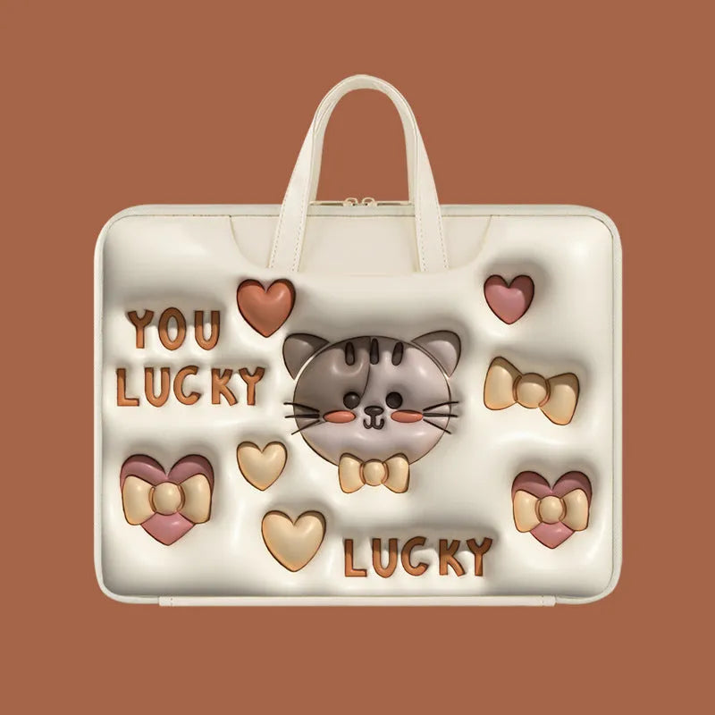 Inflatable PU leather laptop bag with cartoon design hanging from suitcase handle