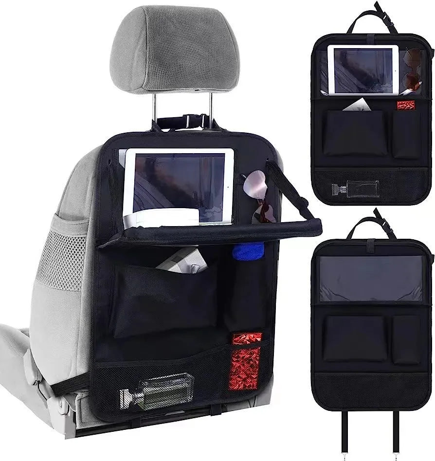 Black Oxford cloth buggy bag hanging behind car seat with dimensions 42x30 cm