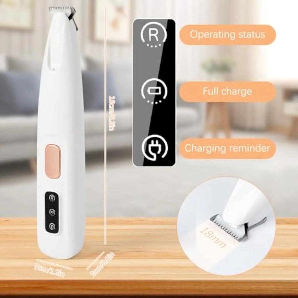 White electric dog paw trimmer with LED light showing 17.7cm length for pet grooming