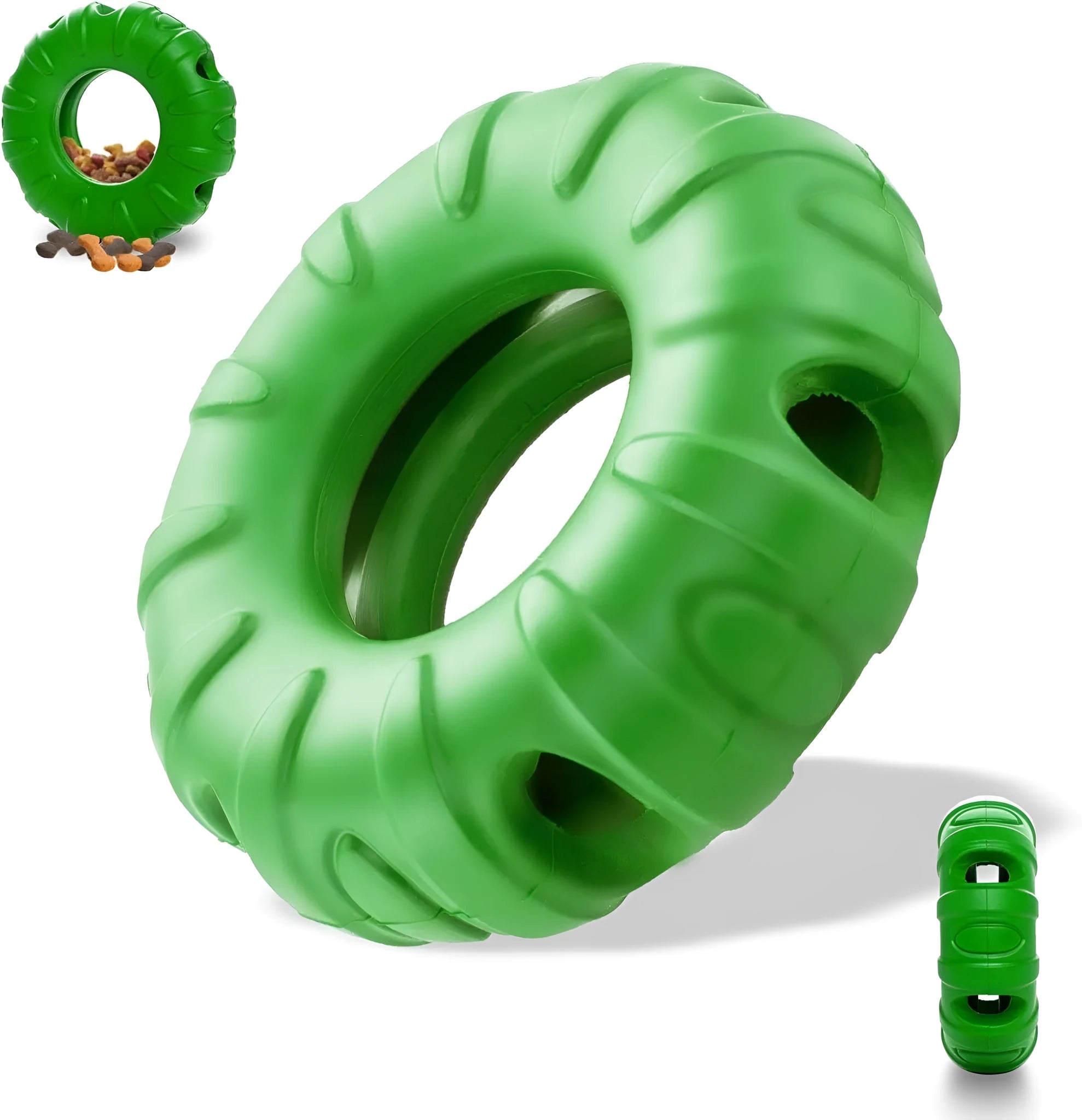 Blue natural rubber tyre-shaped dog chew toy with oval openings, for slow feeding and interactive play.
