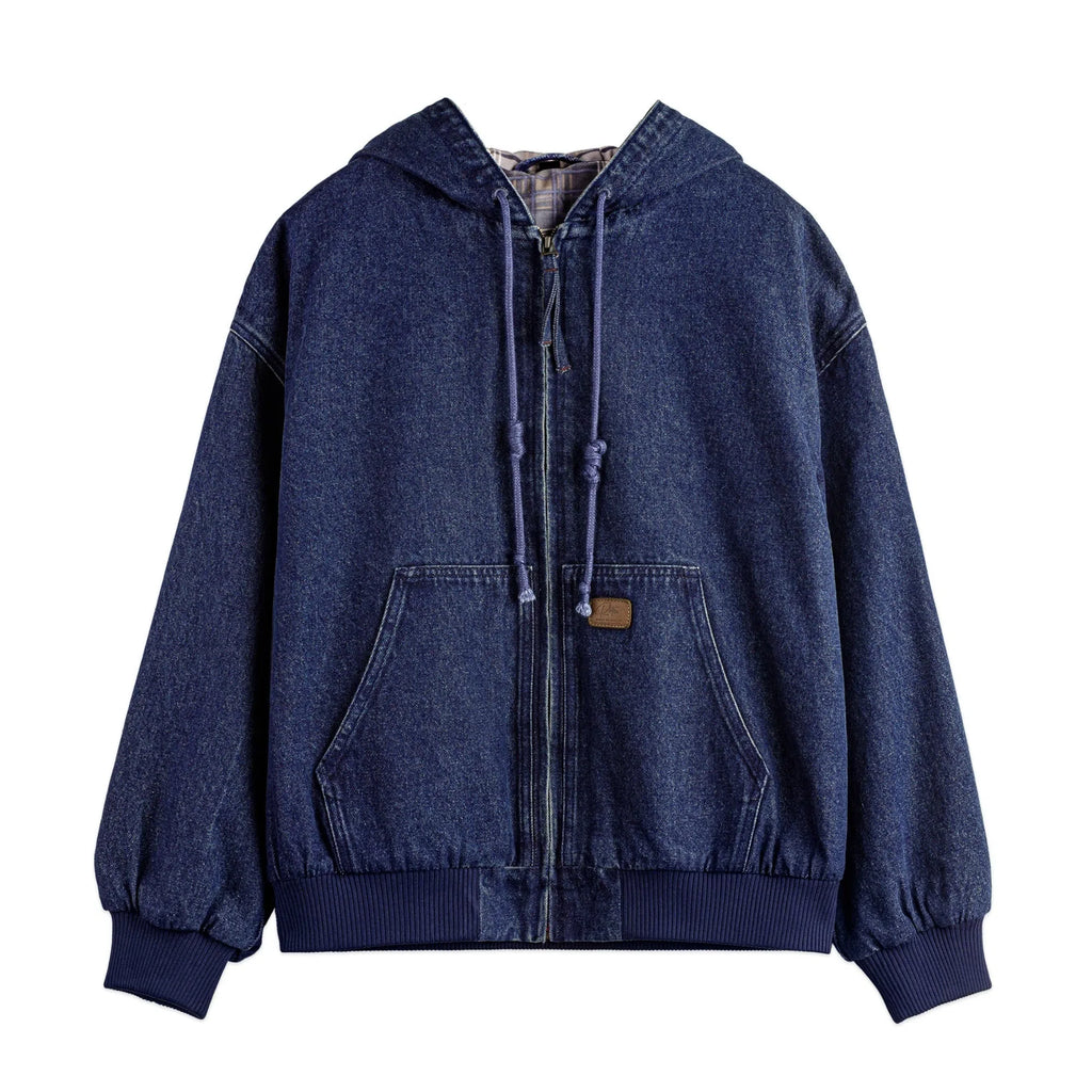 Blue tooling American retro washed denim jacket with hood and zipper front on hanger