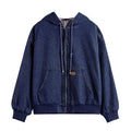 Blue tooling American retro washed denim jacket with hood and zipper front on hanger