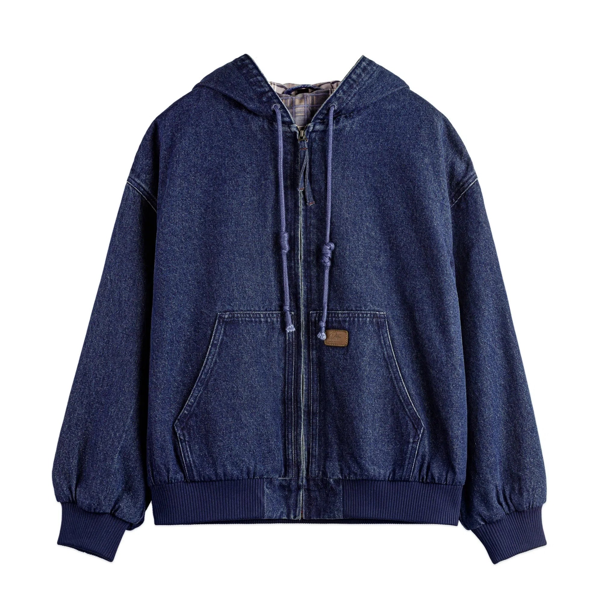 Blue tooling American retro washed denim jacket with hood and zipper front on hanger