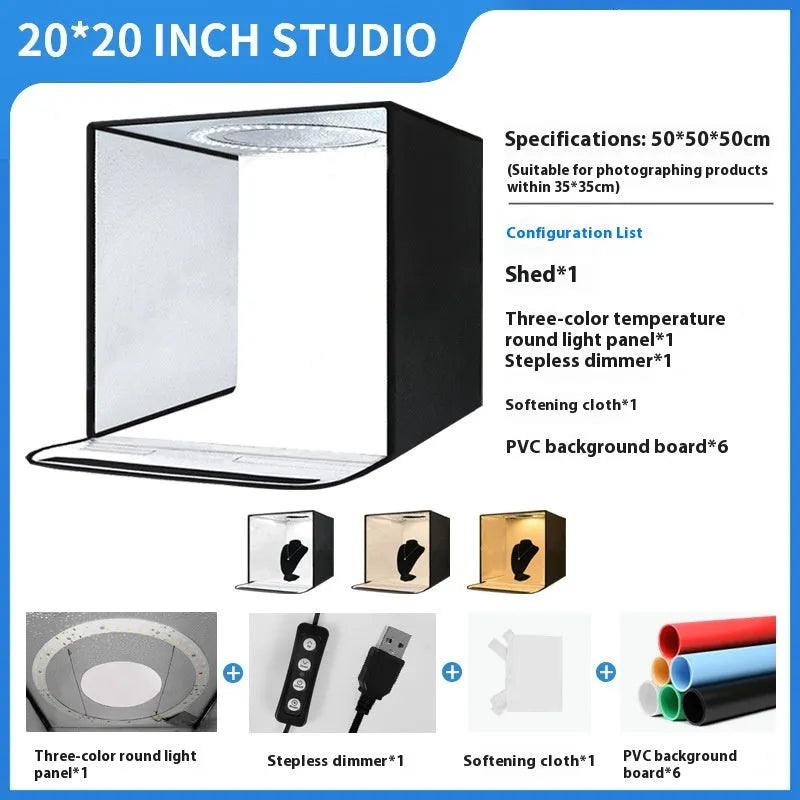 50cm collapsible studio light box with USB-powered three-colour temperature LED panels