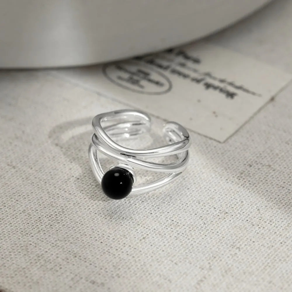 S925 sterling silver ring for women with black agate inlay geometric hollow design adjustable opening