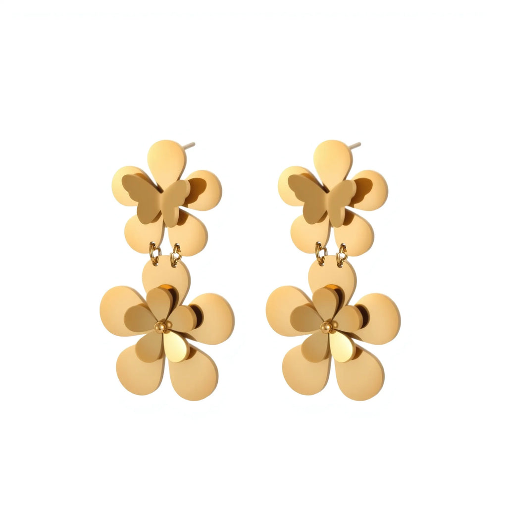 Gold flower butterfly stainless steel earrings for women with geometric details