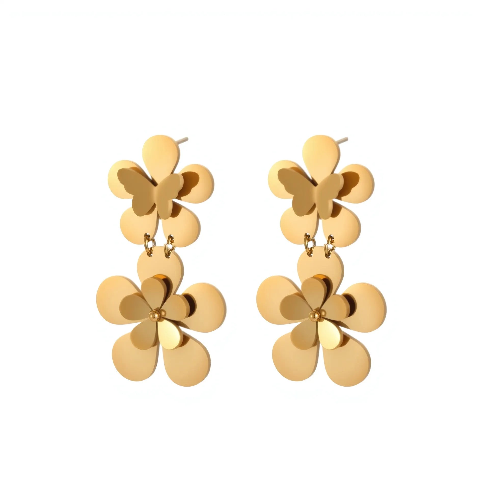 Gold flower butterfly stainless steel earrings for women with geometric details