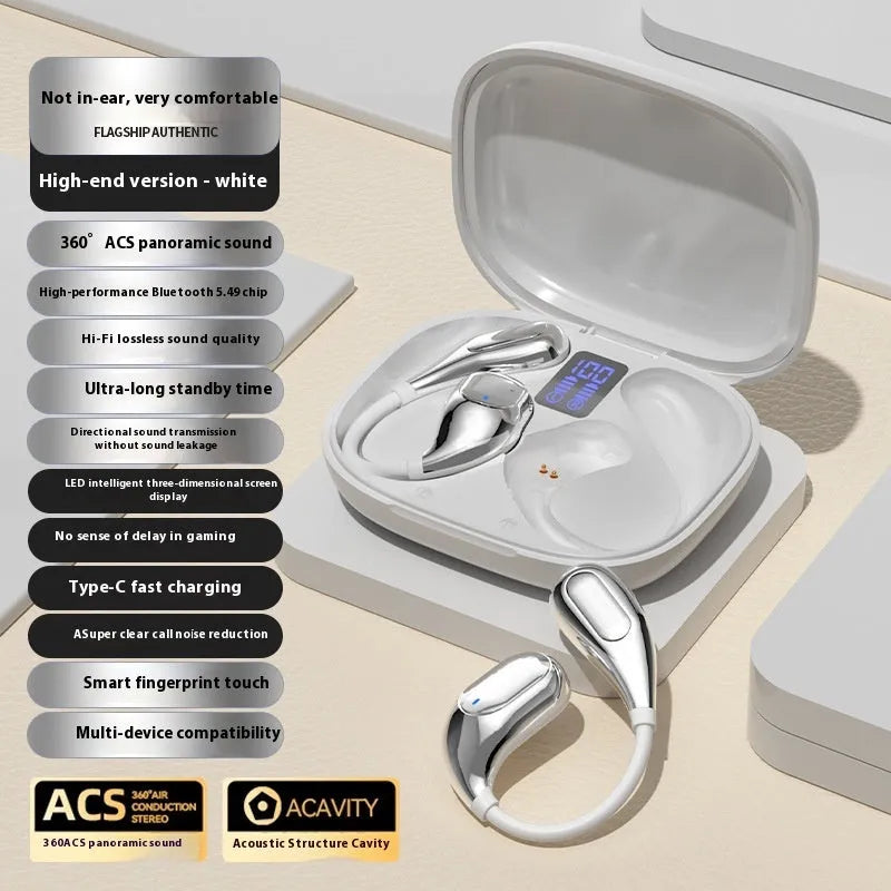 Open wireless Bluetooth headset in black with ear-mounted design and digital display screen