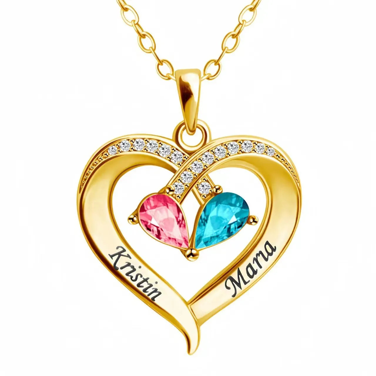 Two-colour water drop heart pendant necklace with diamond and birthstone for women.