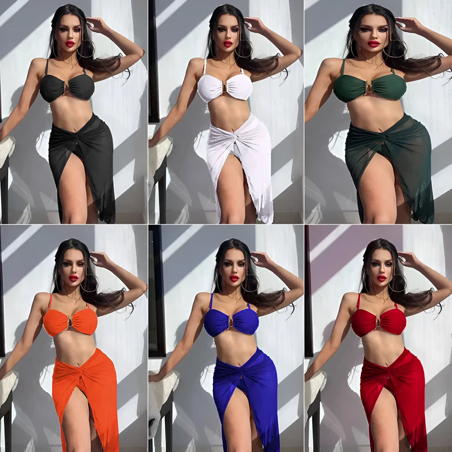 Multicolour French style bikini three-piece set with long culottes in eight colour options