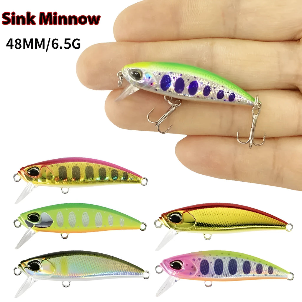 Tossing Japanese Submerged Mino hard fishing lure, 48mm long, shown in one of fourteen colour variations for predator fishing.
