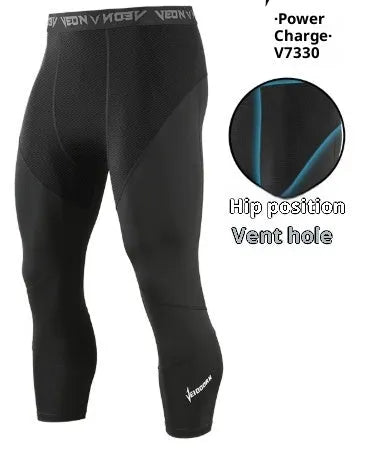 Men's black high elasticity compression fitness pants with drawstring closure side view
