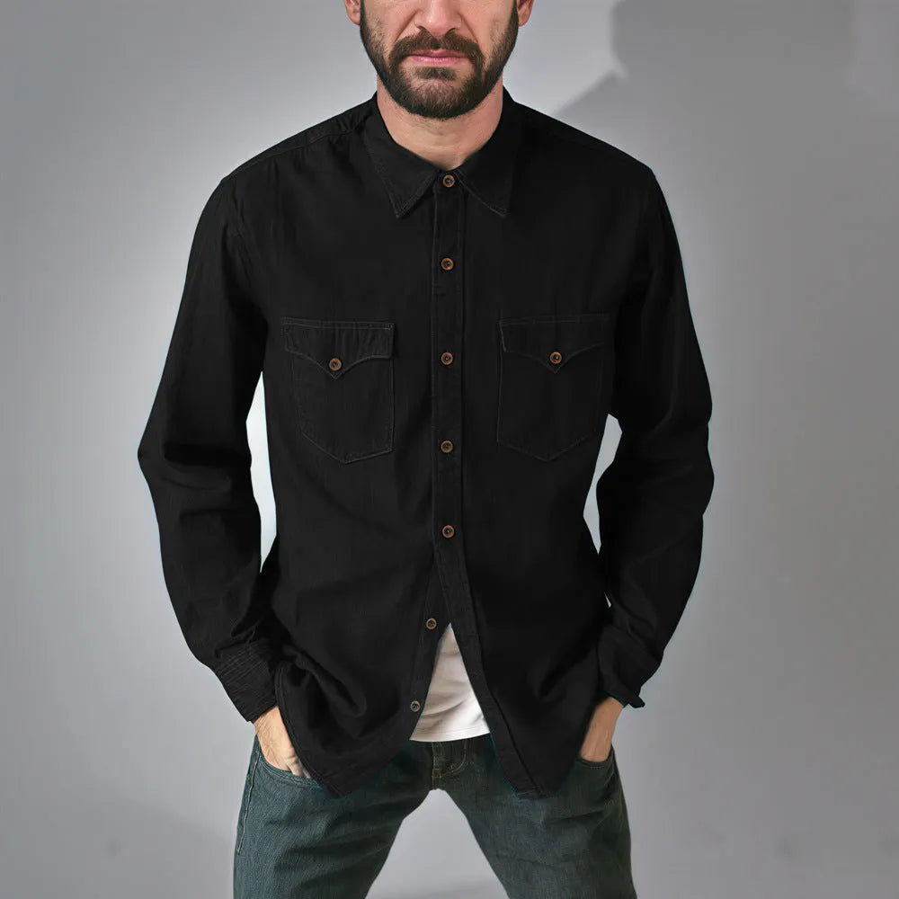 A khaki cotton denim cardigan coat hanging, showing its open front and regular fit.