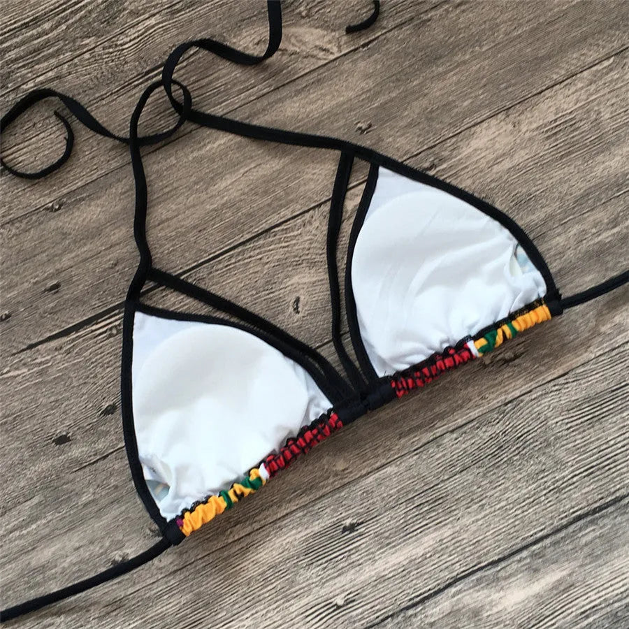 Women's high-waist digital print bikini set with backless top and quick-dry shorts for swimming.