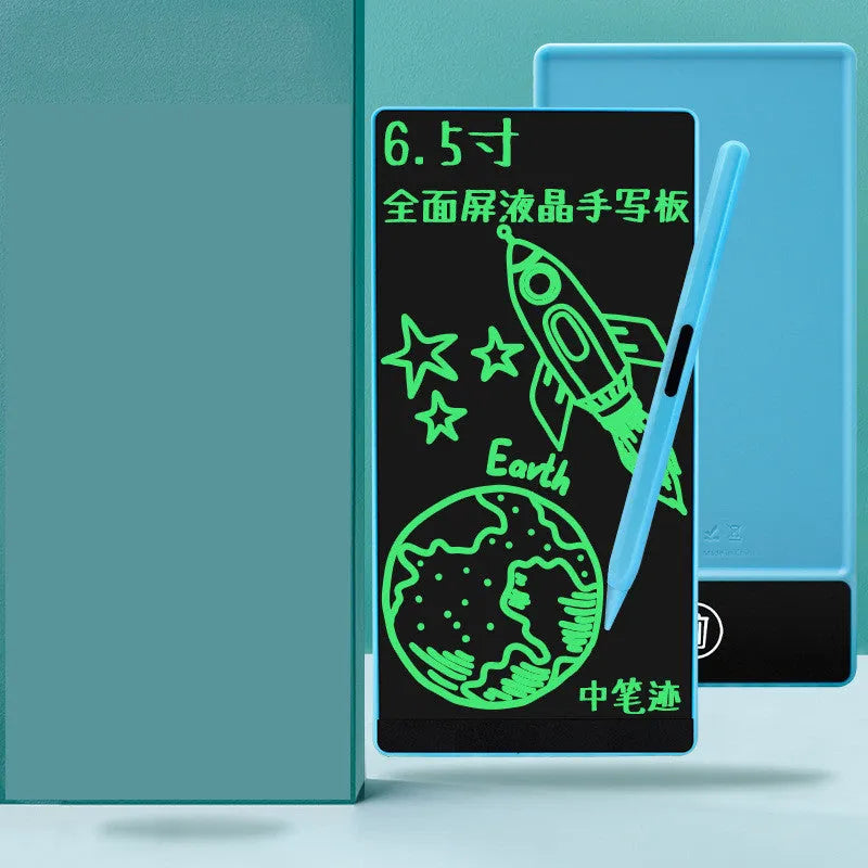 Blue LCD writing tablet with stylus on a 6.5-inch screen showing handwritten notes.