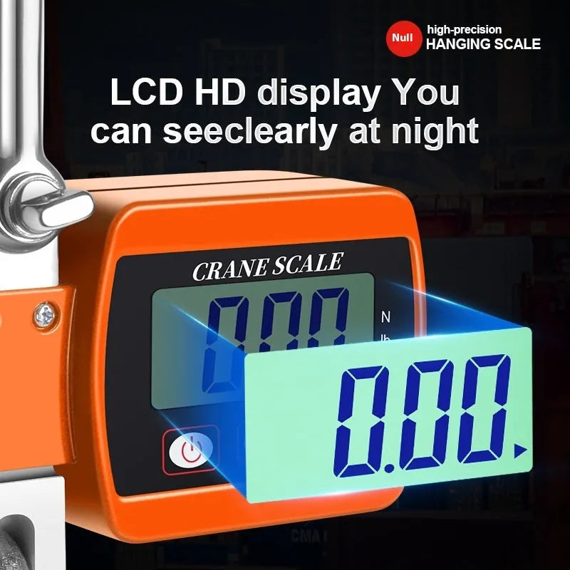 Blue digital hanging hook scale with LCD display showing weight, measuring 22cm long.