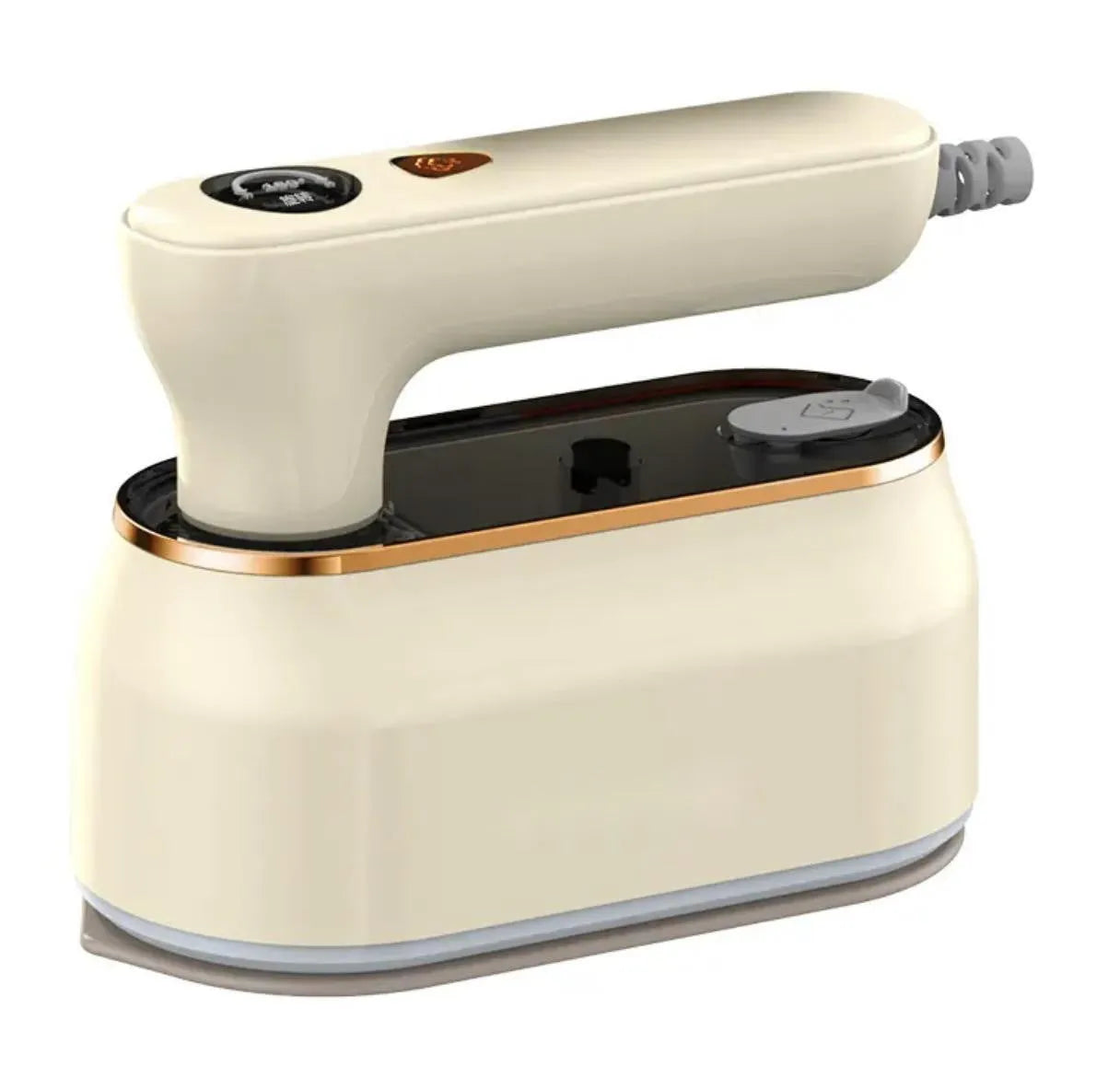 Milky white foldable travel iron with ceramic plate and worldwide voltage compatibility