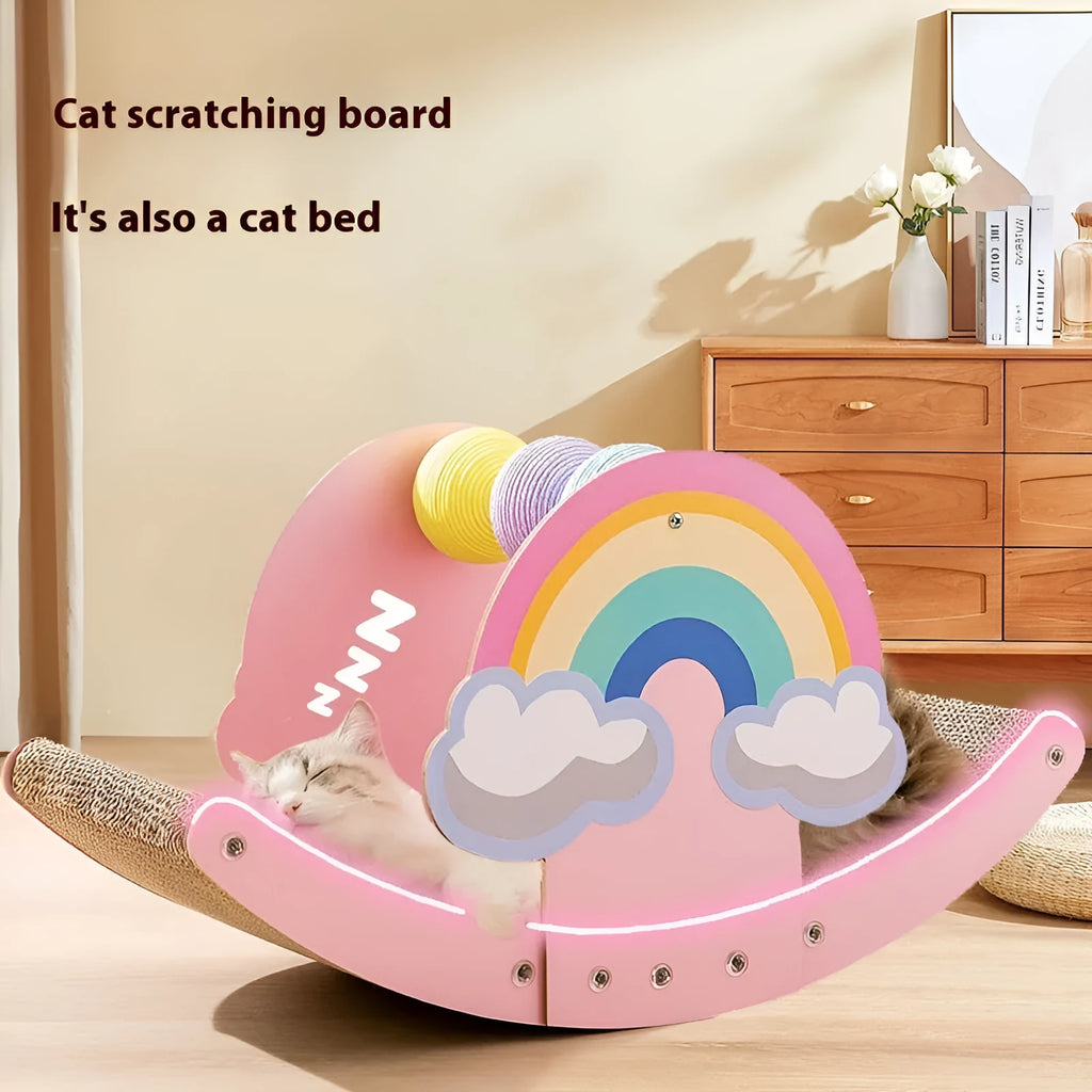 Pink rainbow cat scratch board made of density plate corrugated paper and rope ball for pet claw care