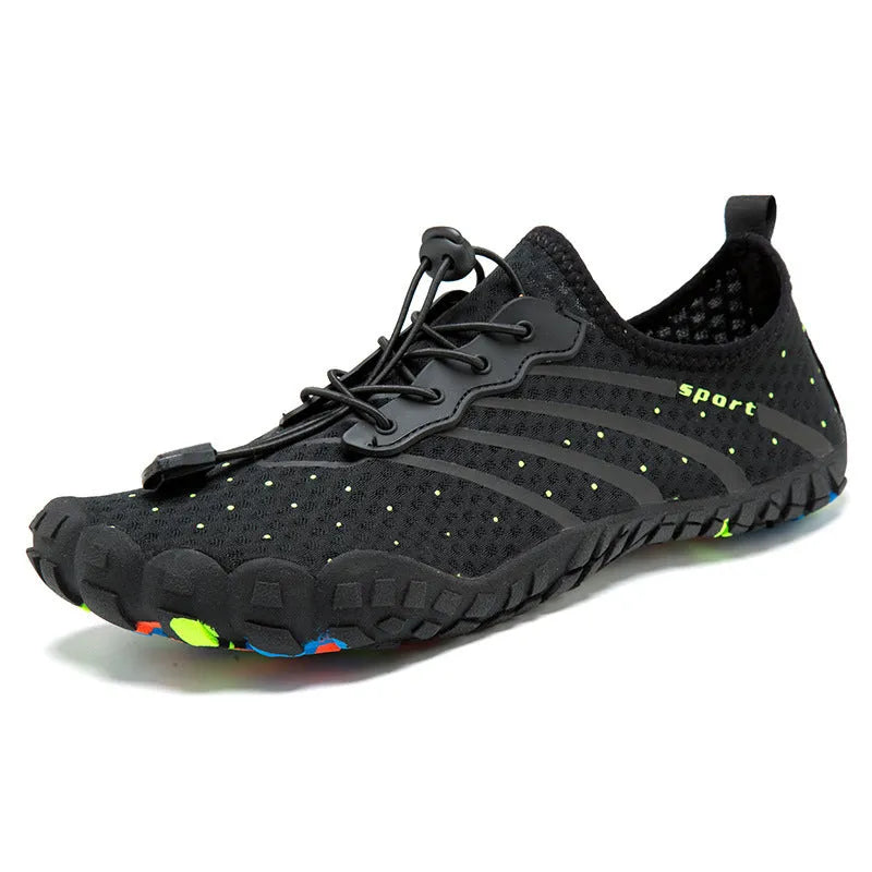 Low-top fast-draining beach shoes in army green with mesh fabric upper and rubber sole.