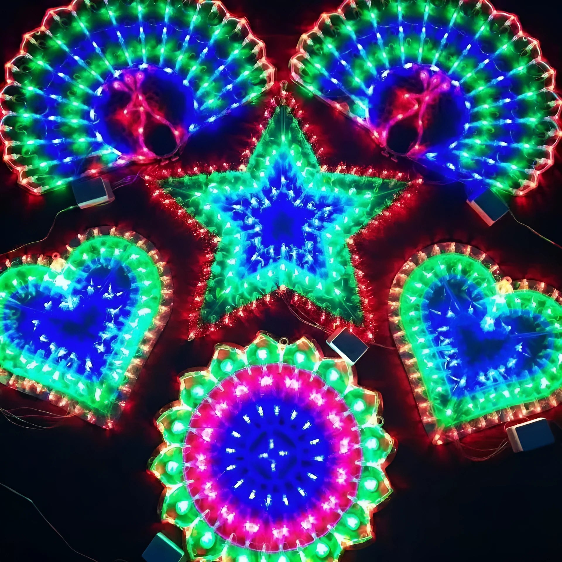 Christmas outdoor string lights with decorative shaped bulbs including peacock, heart, sunflower and star designs