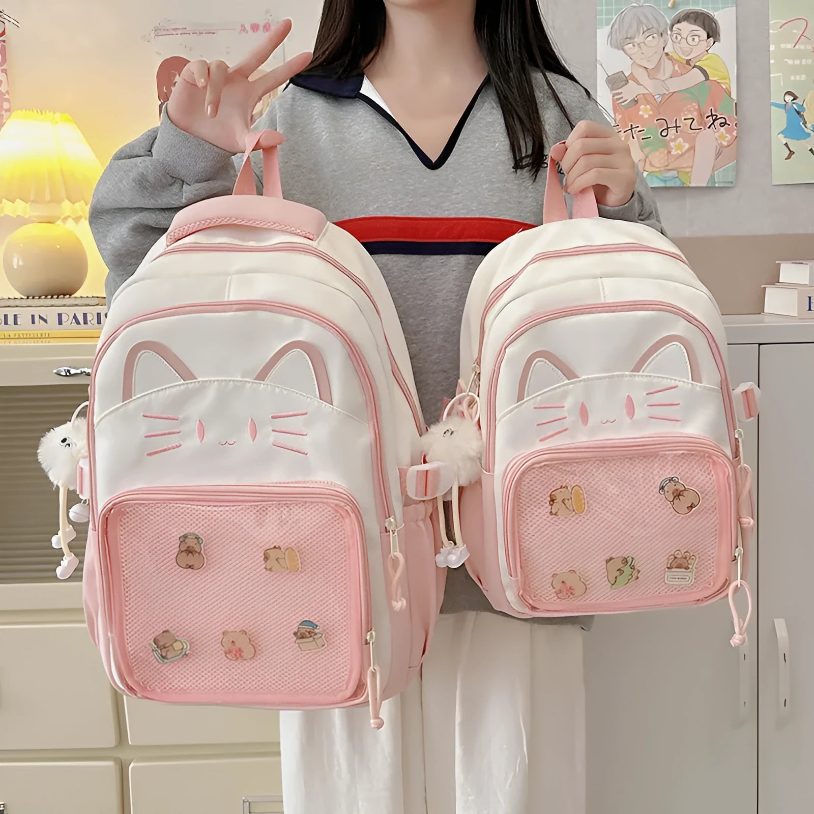 Korean cartoon backpack in multiple colours with curved shoulder straps and badge pendant options