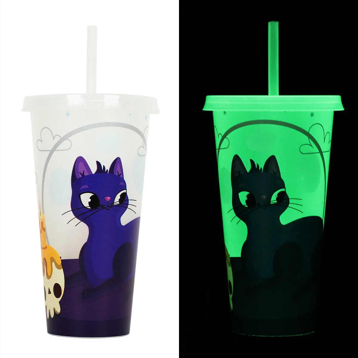 720ml plastic Halloween luminous straw cup in one of six colours, showing cylindrical shape and dimensions.