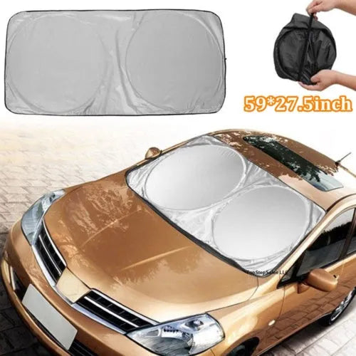 Silver car windshield sunshade in reflective metallic polyester and nylon, 150x70cm flat size