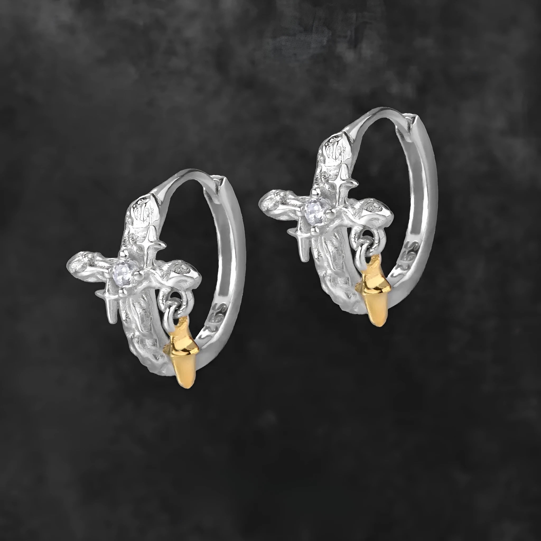 925 silver cross earrings with geometric shape and electroplated white gold colour finish for women