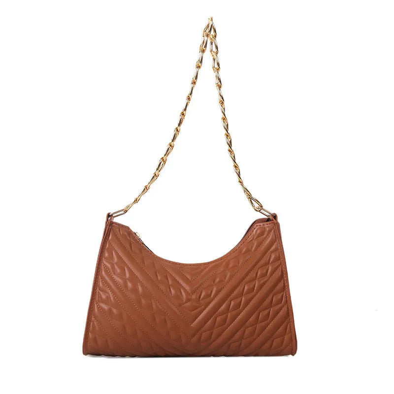 Brown pleated PU chain baguette shoulder bag showing square shape and soft handles.