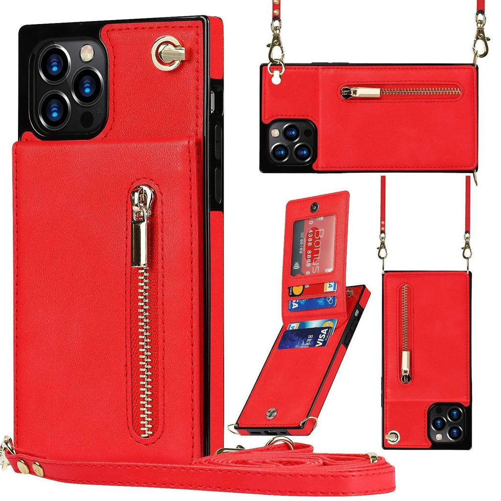 Black leather and TPU mobile phone case shown fitted on an iPhone 13 Pro.