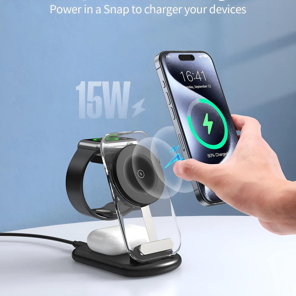 Transparent folding magnetic three-in-one wireless charger in black on a white surface.