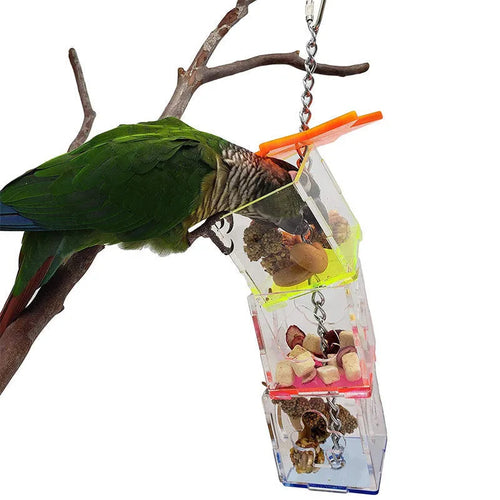 Clear acrylic bird foraging toy tube, 32 cm long, for hiding treats for parrots.