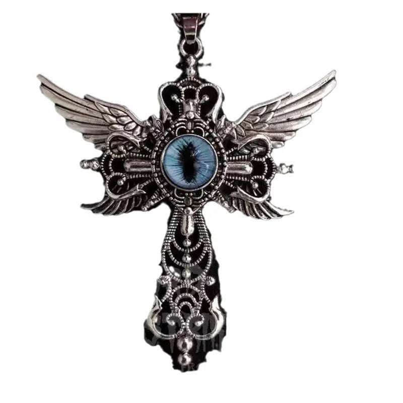 Geometric devil wings and cross alloy pendant necklace in blue on a silver chain.