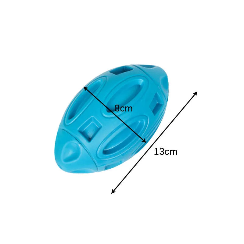 Blue, green, and orange natural rubber squeaky dog chew ball with surface grooves.