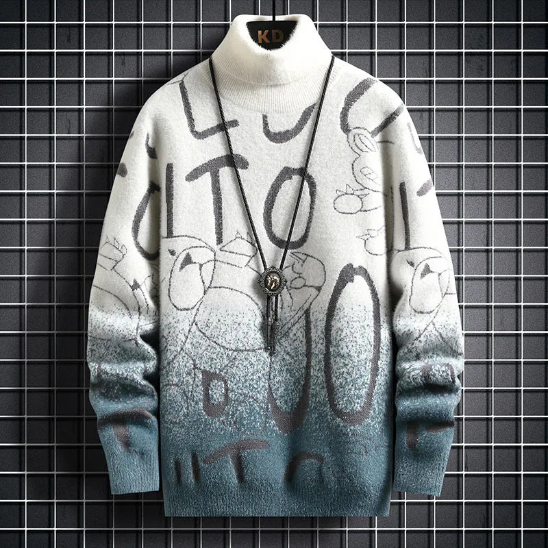 Men's gradient mink fleece turtleneck sweater, slim fit, long sleeve, high collar, nylon blend, rice and green colour
